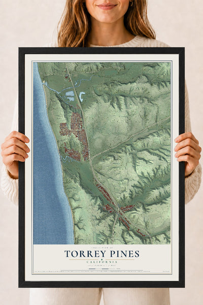 Map of Torrey Pines, California, 18 x 24 inch print in a black wood frame