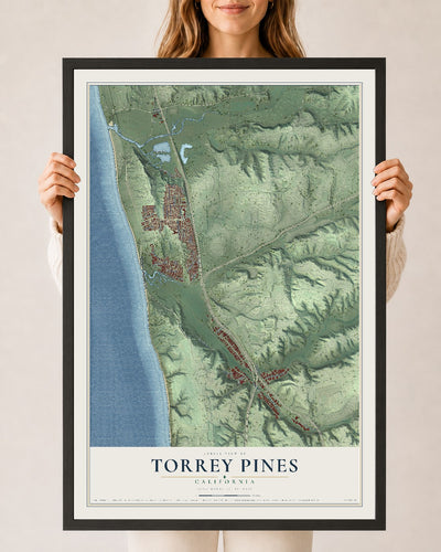 Map of Torrey Pines, California, 24 x 36 inch print in a black wood frame