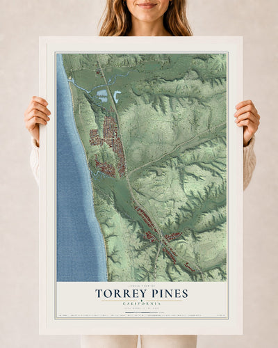 Map of Torrey Pines, California, 24 x 36 inch print in a white wood frame
