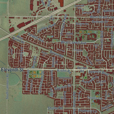 Close-up of the map of Tracy, California print showing street and building detail