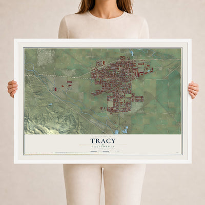 Map of Tracy, California, 24 x 36 inch print in a white wood frame