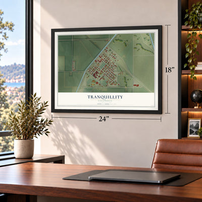 Tranquillity, California map, 18 x 24 inch print in a black frame in a home office