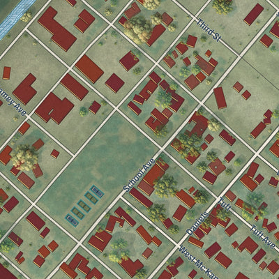 Close-up of the map of Tranquillity, California print showing street and building detail