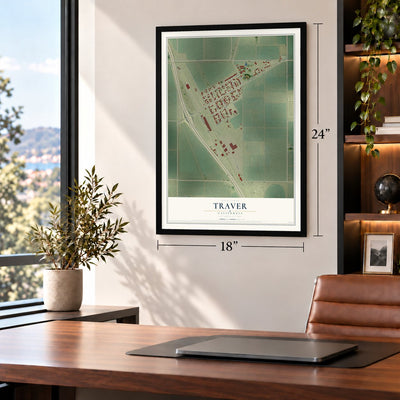 Traver, California map, 18 x 24 inch print in a black frame in a home office