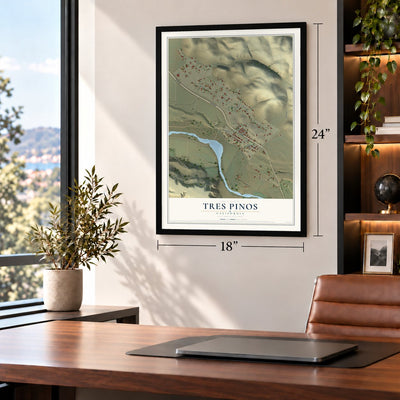Tres Pinos, California map, 18 x 24 inch print in a black frame in a home office