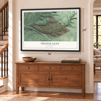 Trestle Glen, California map, 24 x 36 inch print in a black frame above a dresser by a staircase