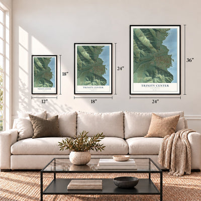 Trinity Center, California map in 12 x 18, 18 x 24 and 24 x 36 inch sizes above a sofa