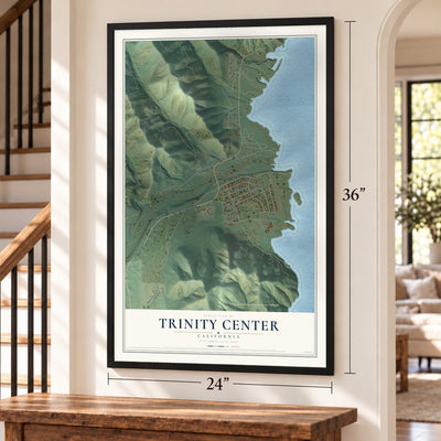 Trinity Center, California map, 24 x 36 inch print in a black frame by a staircase