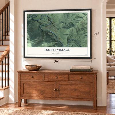 Trinity Village, California map, 24 x 36 inch print in a black frame above a dresser by a staircase