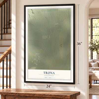 Trona, California map, 24 x 36 inch print in a black frame by a staircase