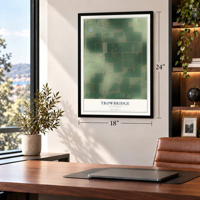 Trowbridge, California map, 18 x 24 inch print in a black frame in a home office