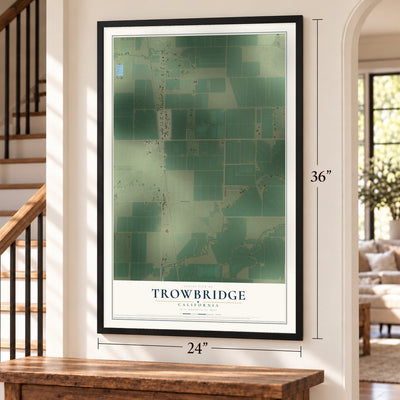 Trowbridge, California map, 24 x 36 inch print in a black frame by a staircase