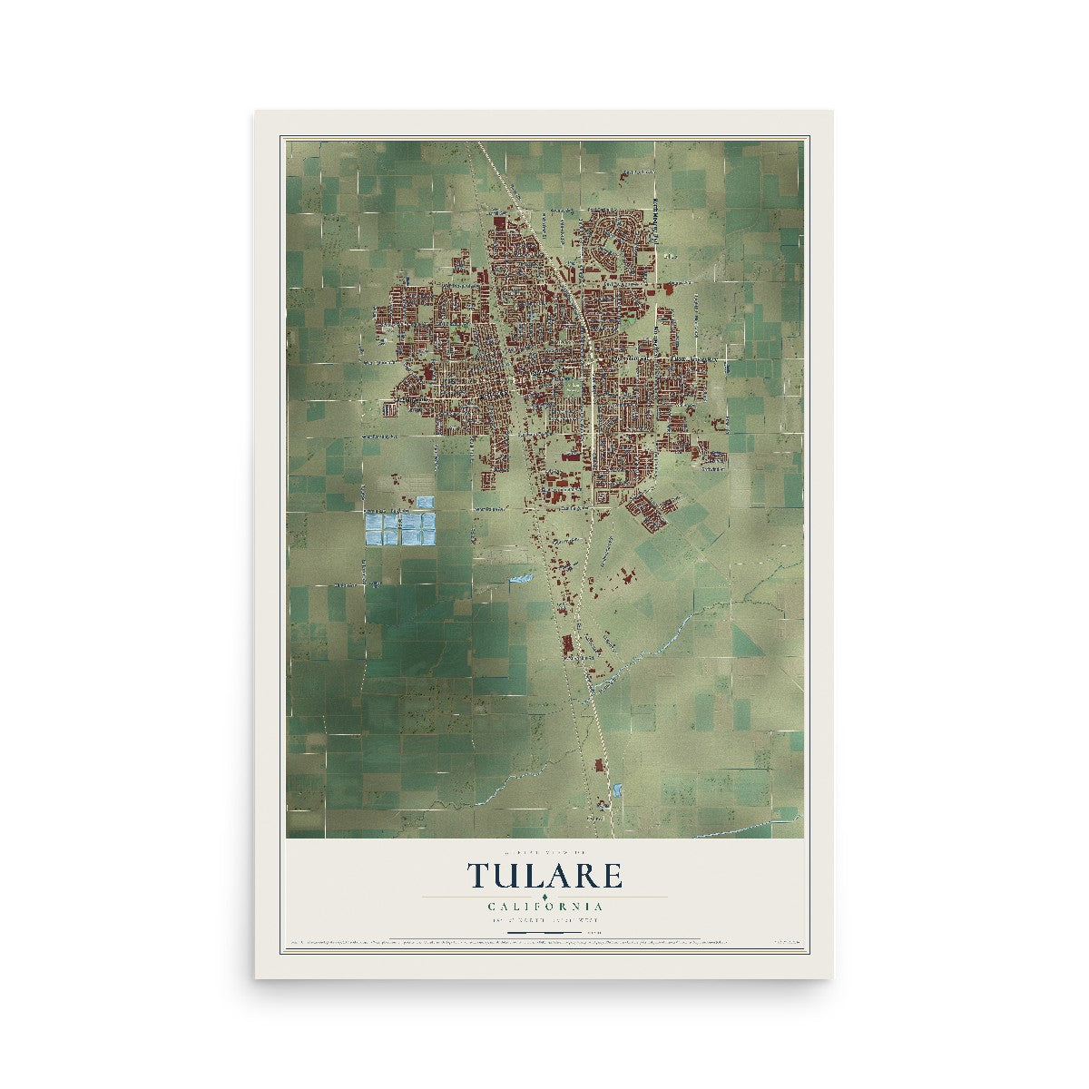 Map of Tulare, California, 12 x 18 inch unframed archival matte print