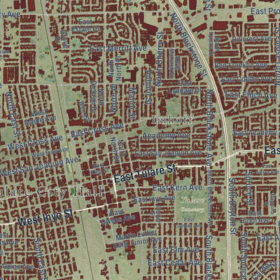 Close-up of the map of Tulare, California print showing street and building detail