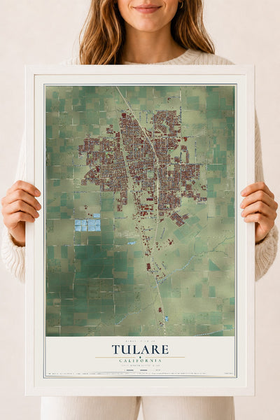 Map of Tulare, California, 18 x 24 inch print in a white wood frame