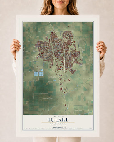 Map of Tulare, California, 24 x 36 inch print in a white wood frame