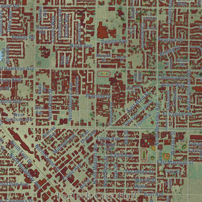 Close-up of the map of Turlock, California print showing street and building detail