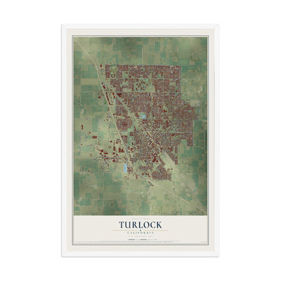 Map of Turlock, California, 12 x 18 inch print in a white wood frame