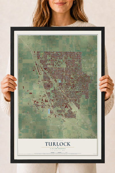 Map of Turlock, California, 18 x 24 inch print in a black wood frame