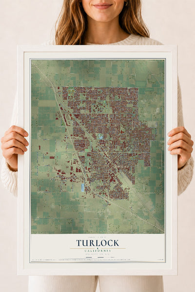 Map of Turlock, California, 18 x 24 inch print in a white wood frame
