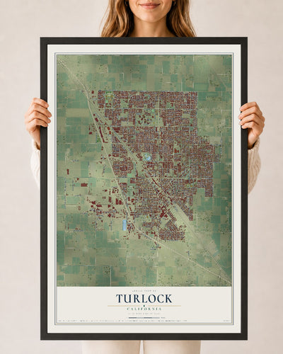 Map of Turlock, California, 24 x 36 inch print in a black wood frame