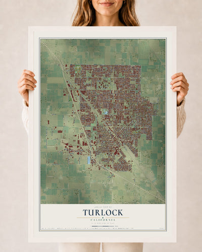 Map of Turlock, California, 24 x 36 inch print in a white wood frame