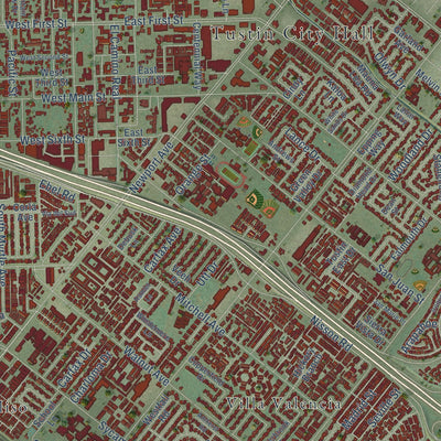 Close-up of the map of Tustin, California print showing street and building detail