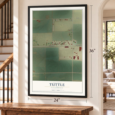 Tuttle, California map, 24 x 36 inch print in a black frame by a staircase