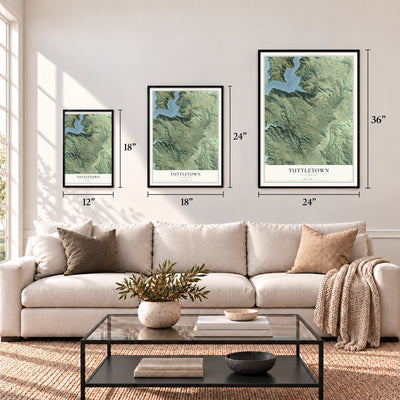Tuttletown, California map in 12 x 18, 18 x 24 and 24 x 36 inch sizes above a sofa