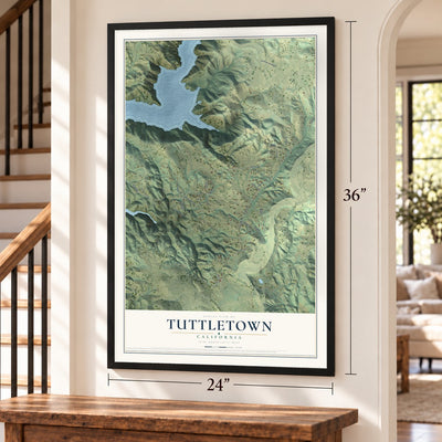 Tuttletown, California map, 24 x 36 inch print in a black frame by a staircase