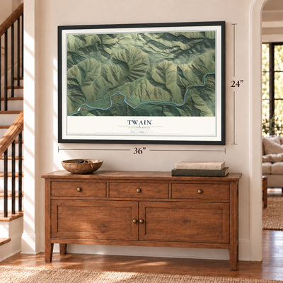 Twain, California map, 24 x 36 inch print in a black frame above a dresser by a staircase