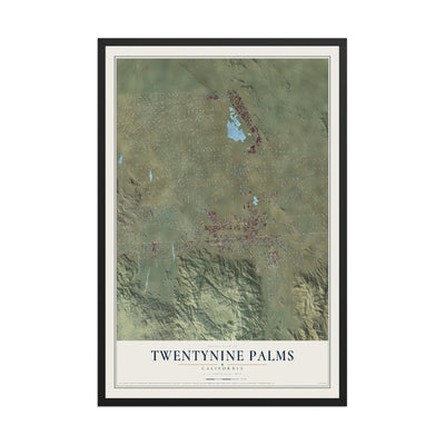 Map of Twentynine Palms, California, 12 x 18 inch print in a black wood frame