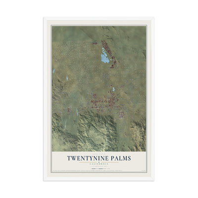 Map of Twentynine Palms, California, 12 x 18 inch print in a white wood frame