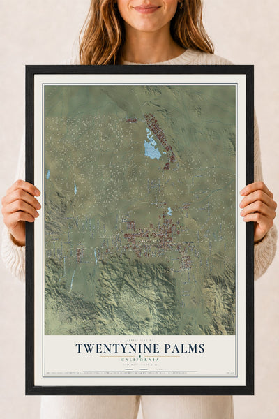 Map of Twentynine Palms, California, 18 x 24 inch print in a black wood frame