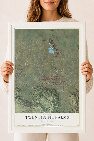 Map of Twentynine Palms, California, 18 x 24 inch print in a white wood frame