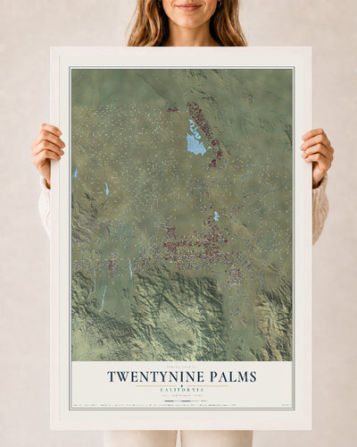 Map of Twentynine Palms, California, 24 x 36 inch print in a white wood frame