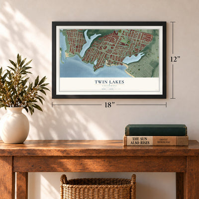 Twin Lakes, California map, 12 x 18 inch print in a black frame in an entryway