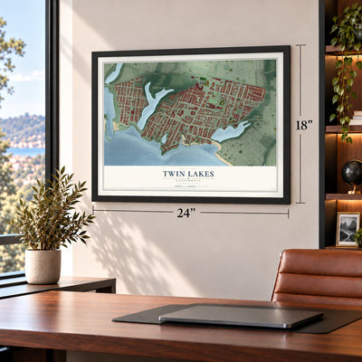Twin Lakes, California map, 18 x 24 inch print in a black frame in a home office