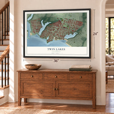 Twin Lakes, California map, 24 x 36 inch print in a black frame above a dresser by a staircase