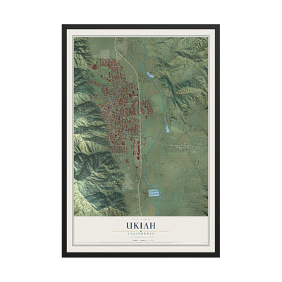 Map of Ukiah, California, 12 x 18 inch print in a black wood frame