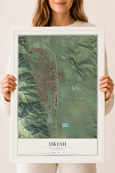 Map of Ukiah, California, 18 x 24 inch print in a white wood frame