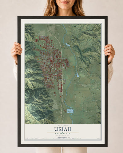 Map of Ukiah, California, 24 x 36 inch print in a black wood frame