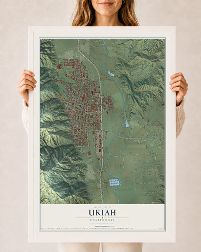 Map of Ukiah, California, 24 x 36 inch print in a white wood frame