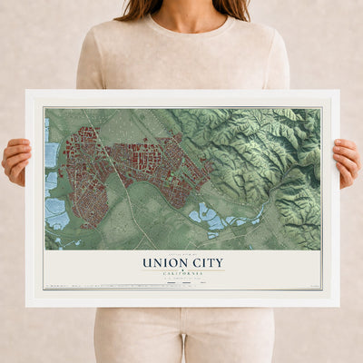 Map of Union City, California, 12 x 18 inch print in a white wood frame