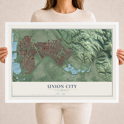 Map of Union City, California, 18 x 24 inch print in a white wood frame
