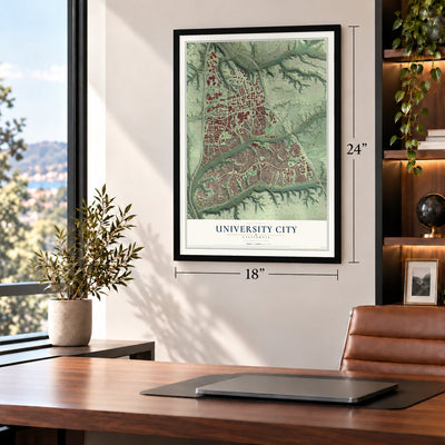 University City, California map, 18 x 24 inch print in a black frame in a home office