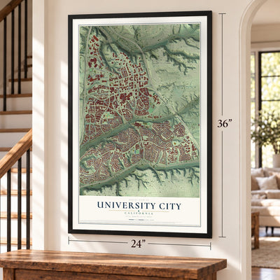 University City, California map, 24 x 36 inch print in a black frame by a staircase