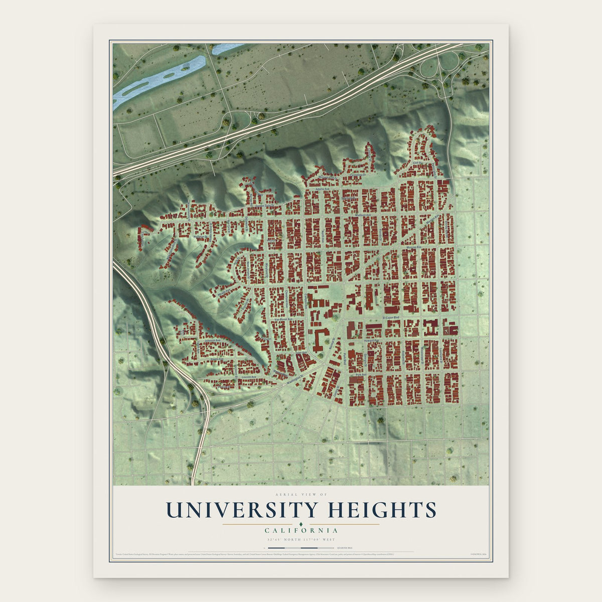 University Heights, California map print, the full design