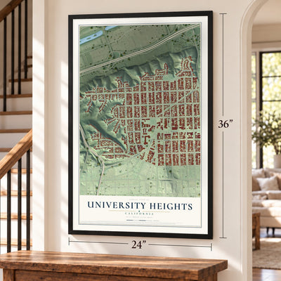 University Heights, California map, 24 x 36 inch print in a black frame by a staircase