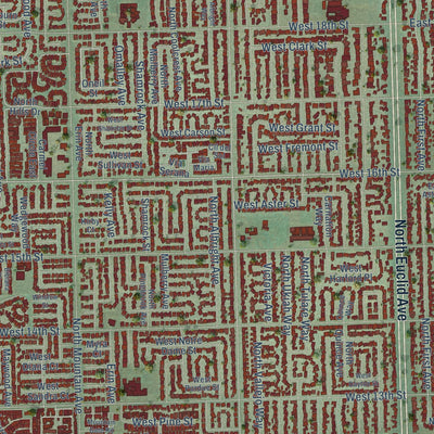 Close-up of the map of Upland, California print showing street and building detail
